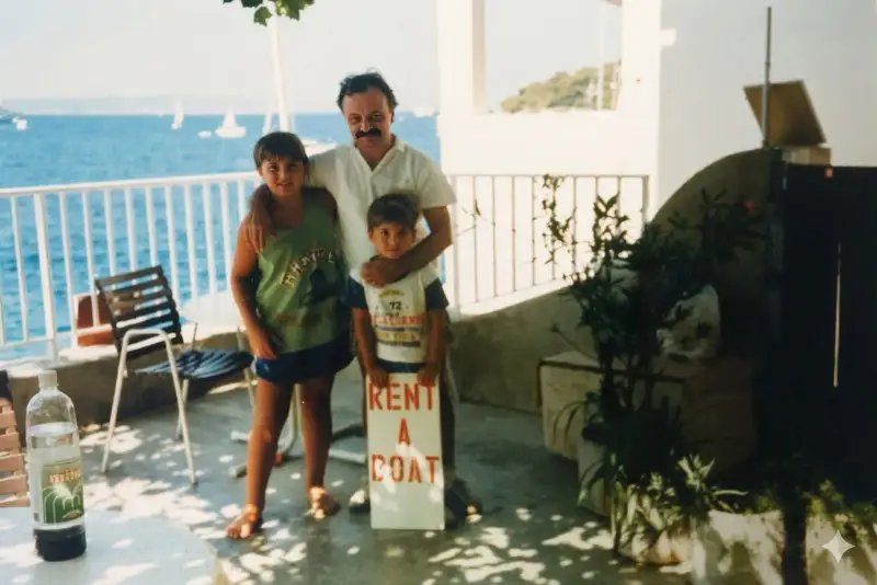 Our family with the original hand-painted RENT A BOAT sign in Hvar, 1987
